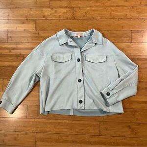 Philosophy Light Blue Faux Suede Button Utility Jacket - Jackie Kennedy Inspired